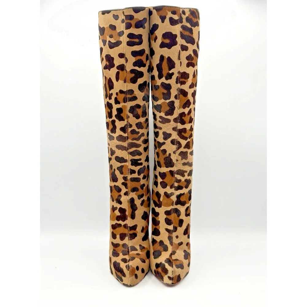 Christian Louboutin Cheetah Print Pony Hair Knee High Platform Boots Size EU 35